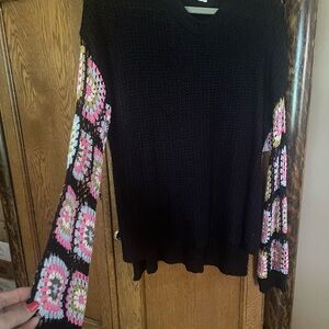 Black Knit Sweater with Colorful Crochet Sleeves